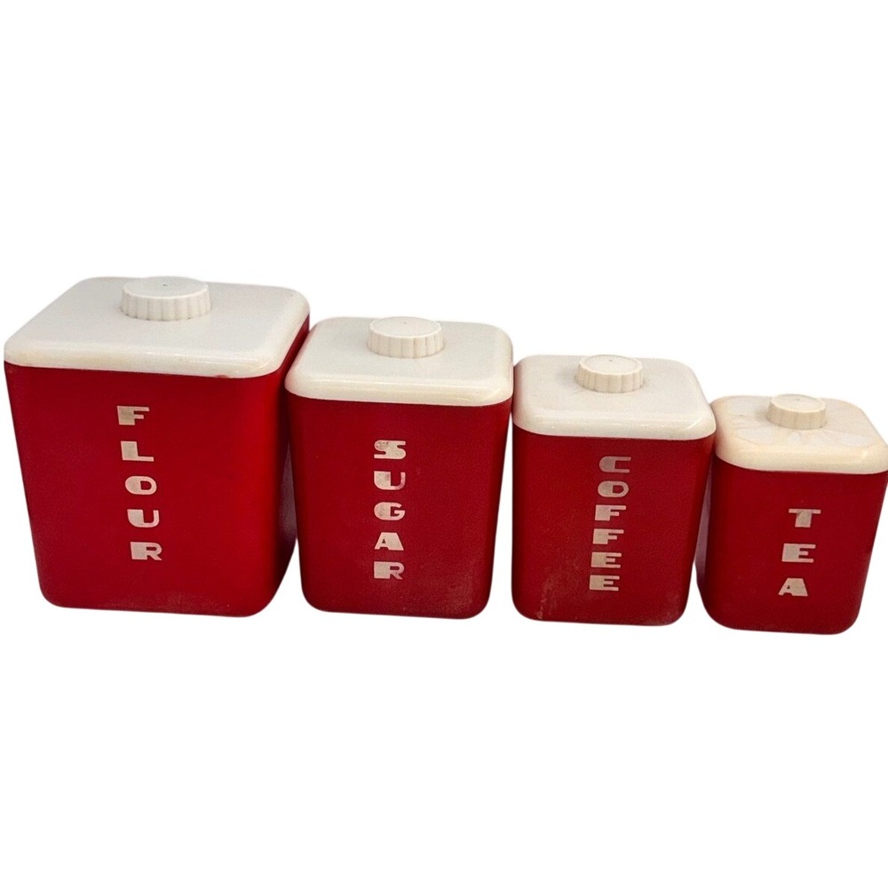 Vintage 1950s Lustro-Ware Red Canister Set of 4 Flour Sugar Coffee Tea MCM USA